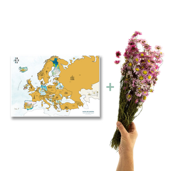 Pack Regalo: Mapa Rascable de Europa + Ramo Flores Secas Color Rosa