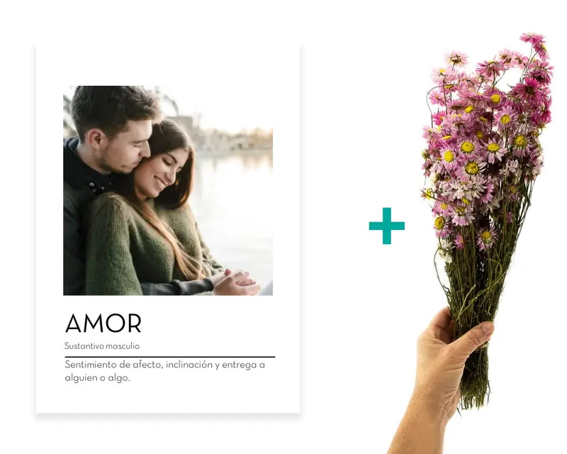 Pack Lámina Definición Amor con Foto + Ramo de Flores Secas color Rosa